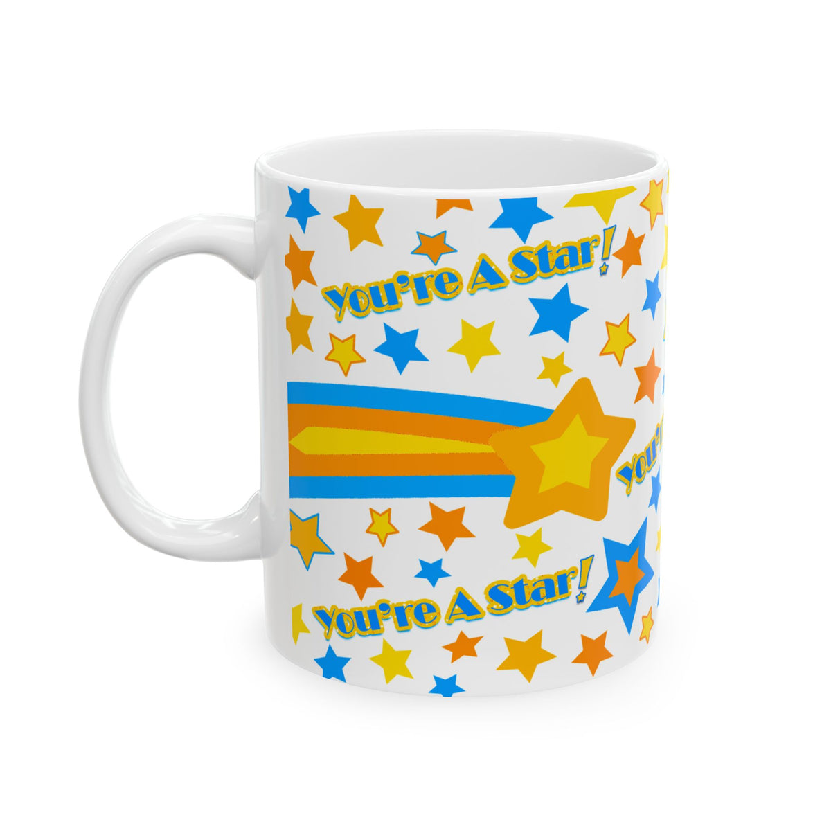 Mug with star pattern and 'You're A Star!' text on a white background