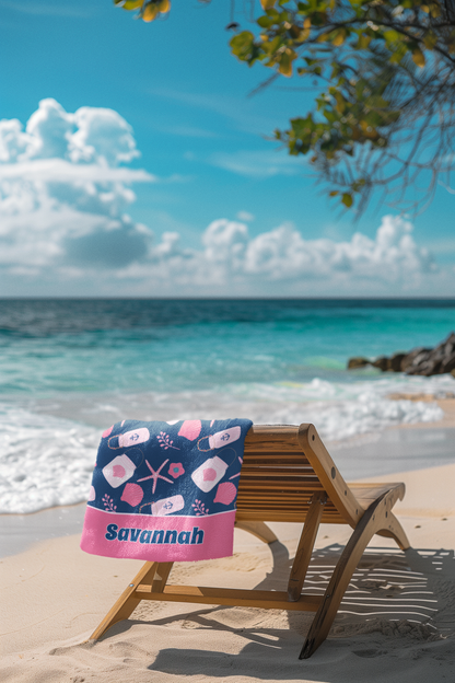 Nautical Beach Towel, Pink & Navy Seashells