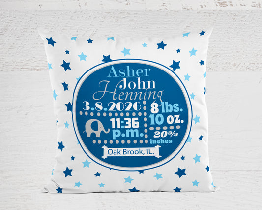 Personalized pillow with baby's birth details on a white background with elephant detail