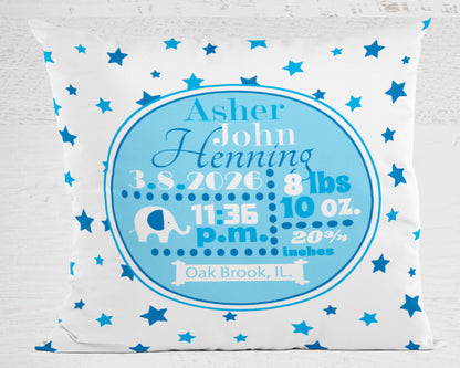 Personalized Baby Boy Birth Stats Pillow, Elephant