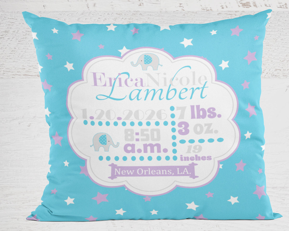 Personalized Baby Girl Birth Stats Pillow, Elephant