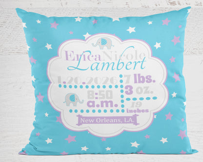 Personalized Baby Girl Birth Stats Pillow, Elephant