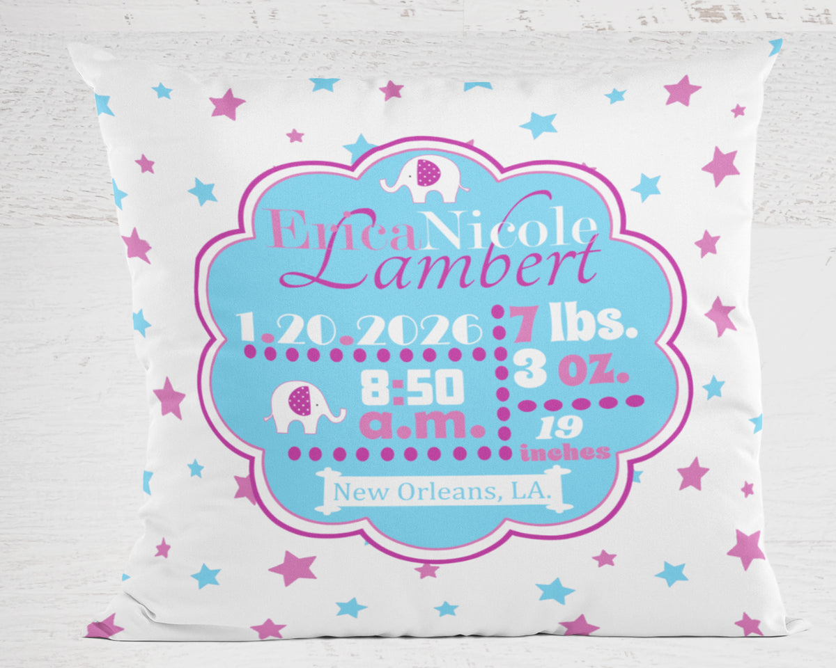 Personalized Baby Girl Birth Stats Pillow, Elephant