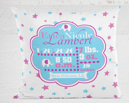 Personalized Baby Girl Birth Stats Pillow, Elephant