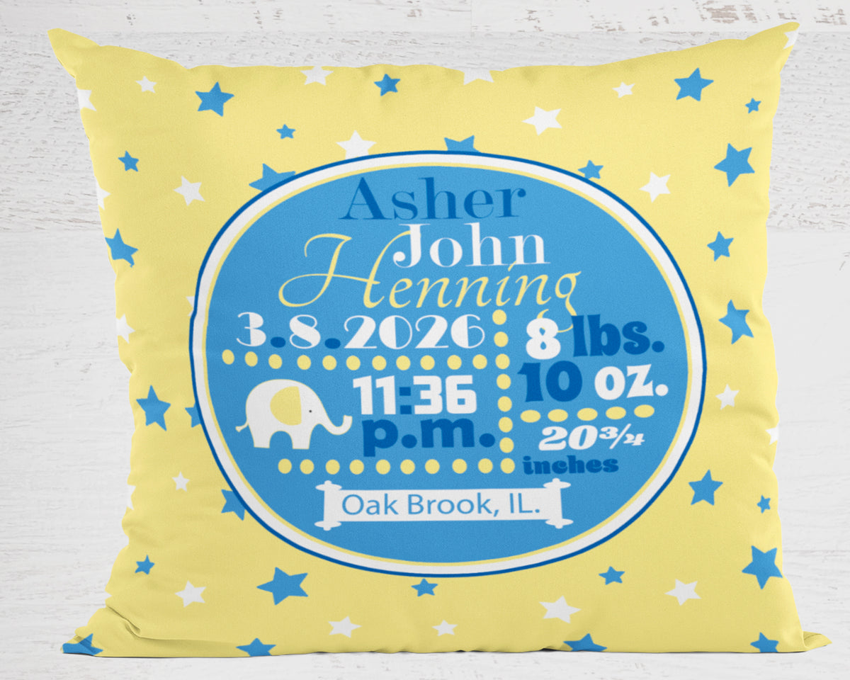 Personalized Baby Boy Birth Stats Pillow, Elephant