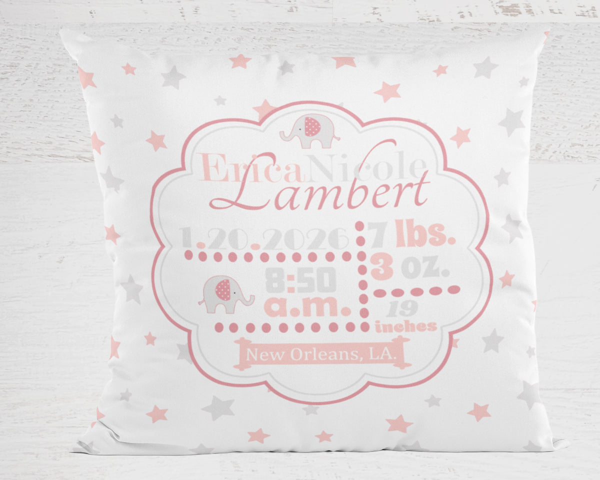 Personalized Baby Girl Birth Stats Pillow, Elephant