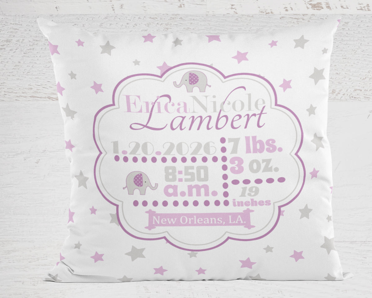 Personalized Baby Girl Birth Stats Pillow, Elephant