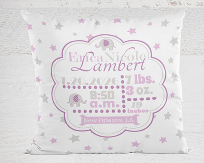Personalized Baby Girl Birth Stats Pillow, Elephant