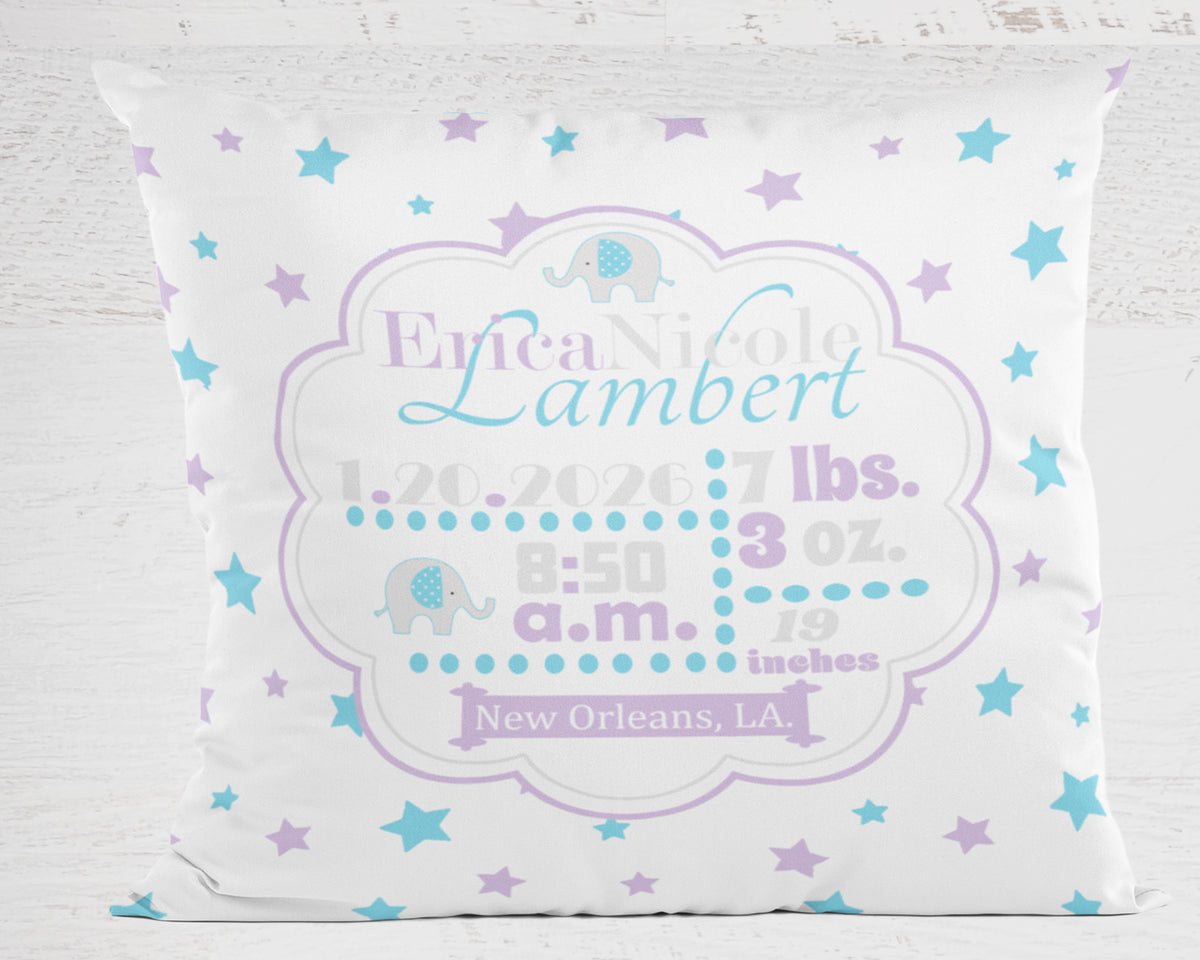 Personalized Baby Girl Birth Stats Pillow, Elephant