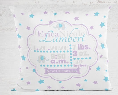 Personalized Baby Girl Birth Stats Pillow, Elephant