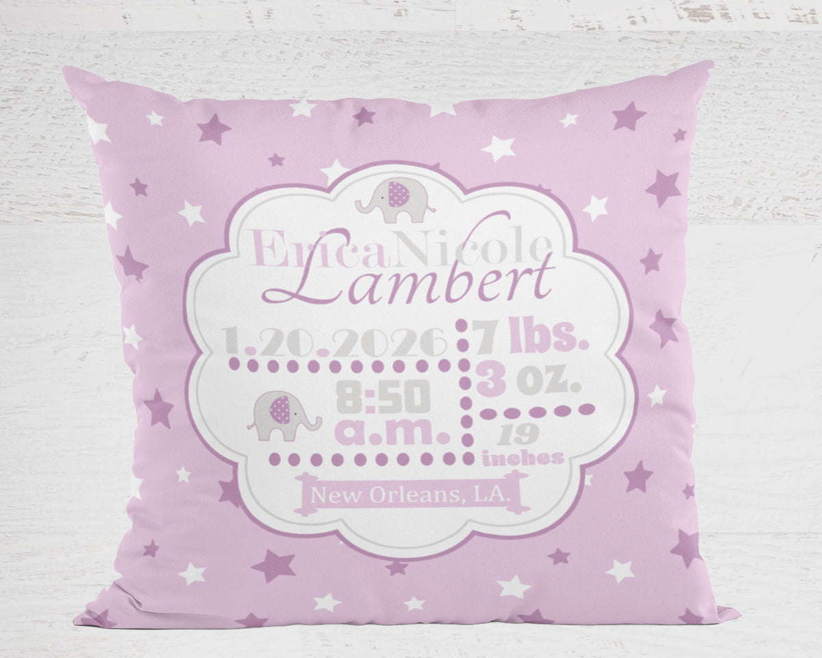 Personalized pillow with baby's name, birth details, and star pattern on a light purple background