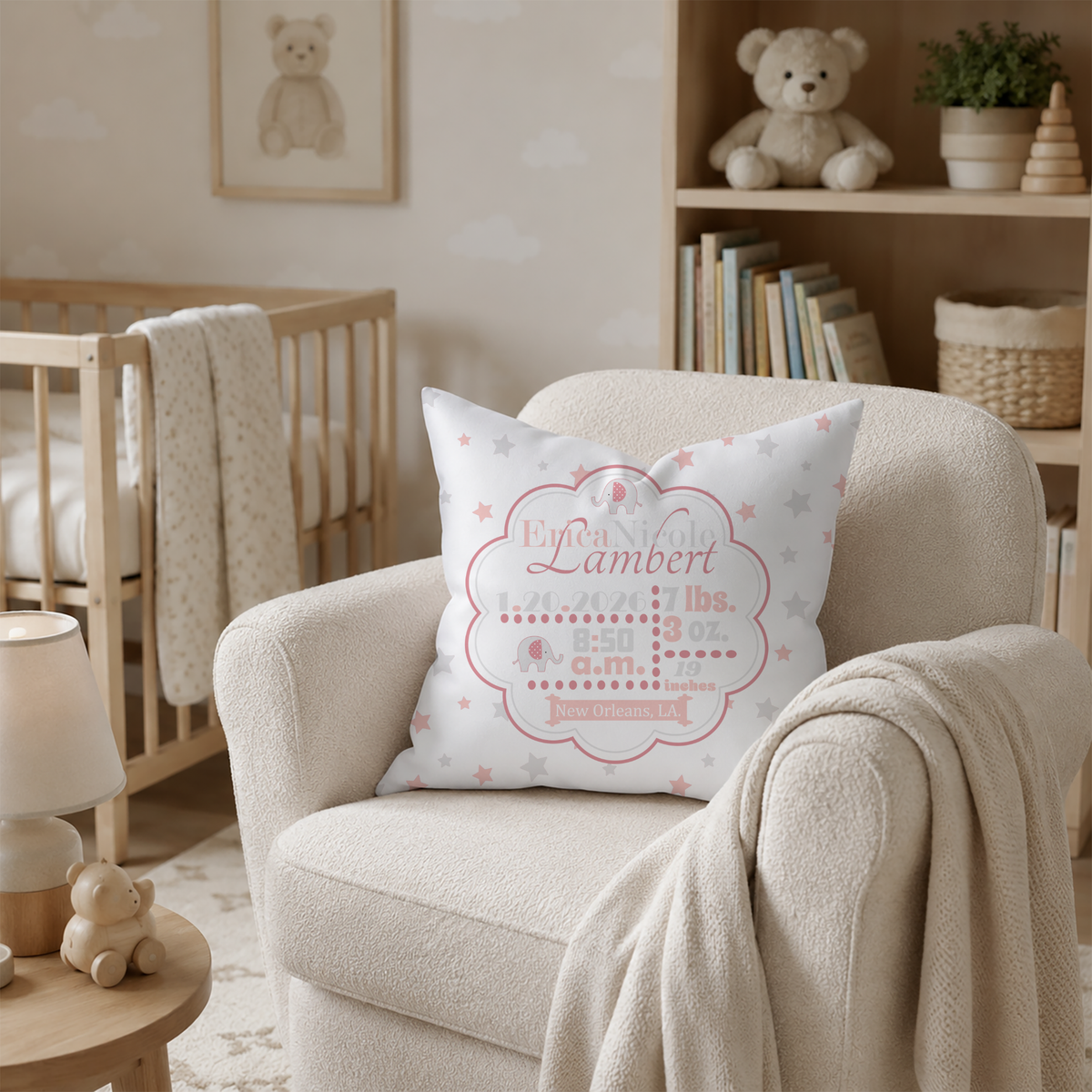 Personalized Baby Girl Birth Stats Pillow, Elephant