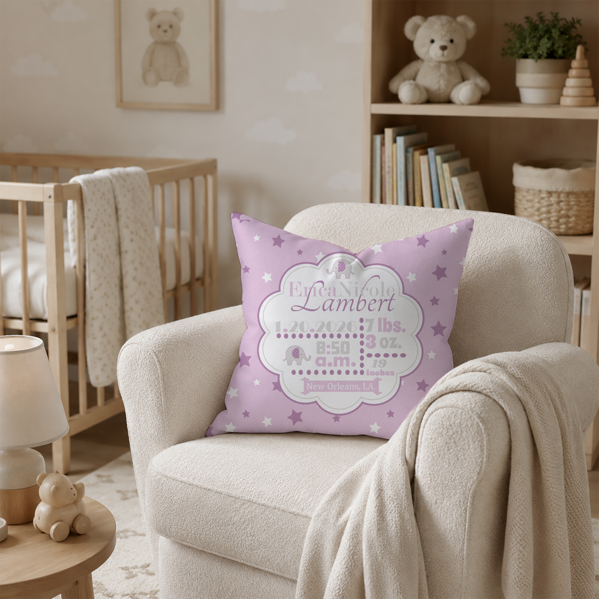 Personalized lavender pillow on a chair in a nursery with teddy bears and books in the background