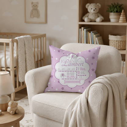 Personalized lavender pillow on a chair in a nursery with teddy bears and books in the background