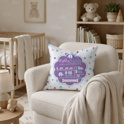 Personalized Baby Girl Birth Stats Pillow, Elephant