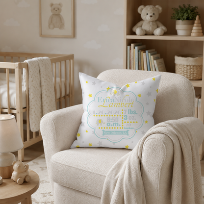 Personalized Baby Girl Birth Stats Pillow, Elephant