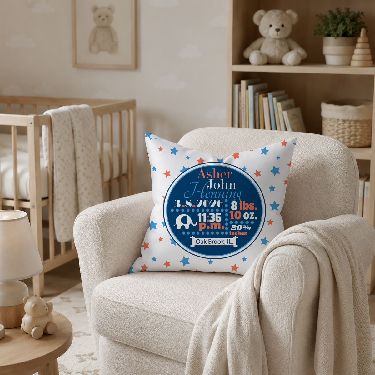 Personalized Baby Boy Birth Stats Pillow, Elephant