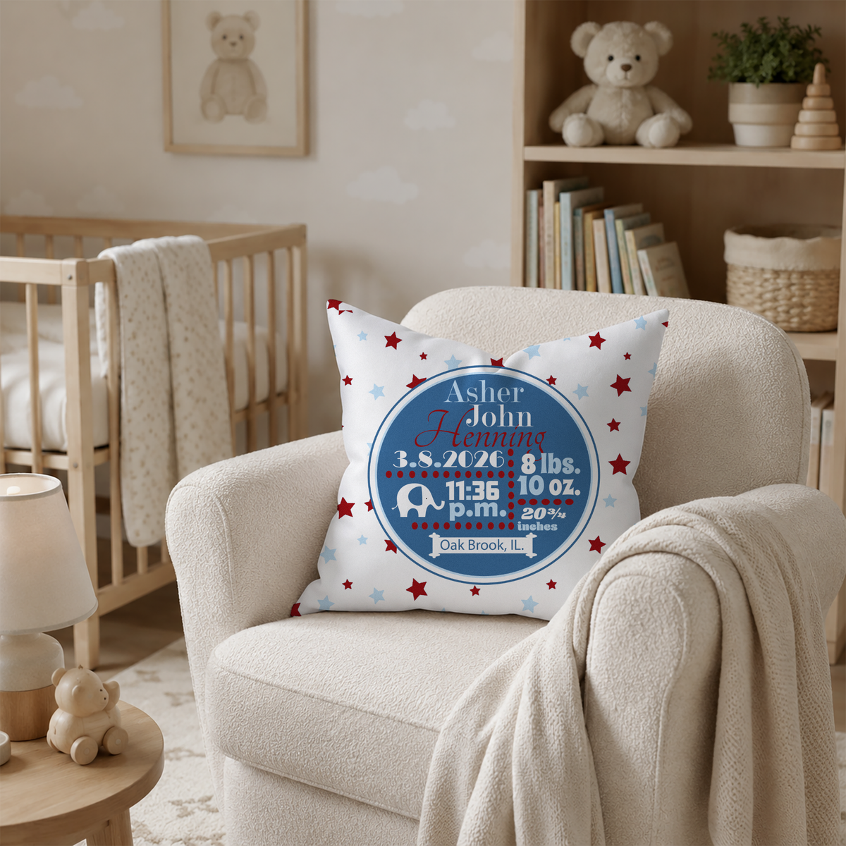 Personalized Baby Boy Birth Stats Pillow, Elephant