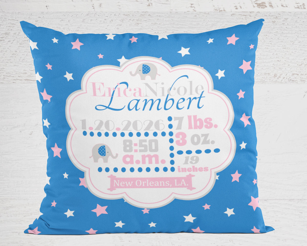 Personalized Baby Girl Birth Stats Pillow, Elephant