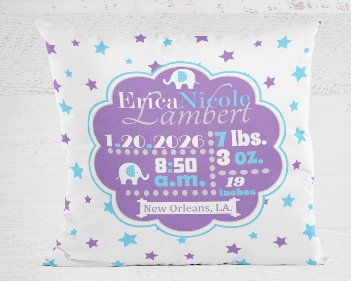 Personalized Baby Girl Birth Stats Pillow, Elephant