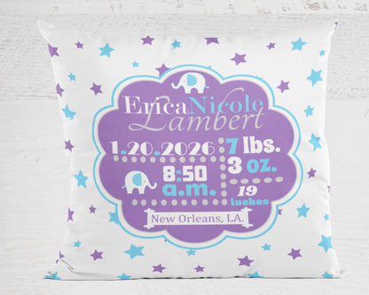 Personalized Baby Girl Birth Stats Pillow, Elephant