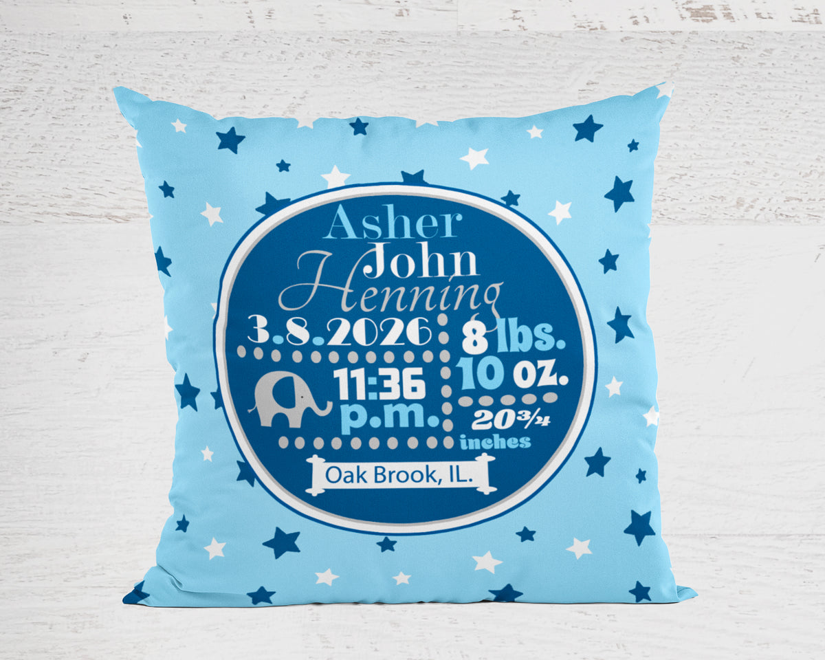 Personalized Baby Boy Birth Stats Pillow, Elephant