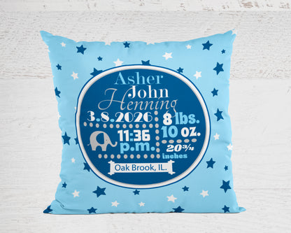 Personalized Baby Boy Birth Stats Pillow, Elephant