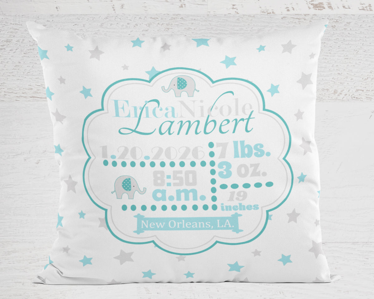 Personalized baby pillow in spearmint with name, birth details, and star pattern on a light background