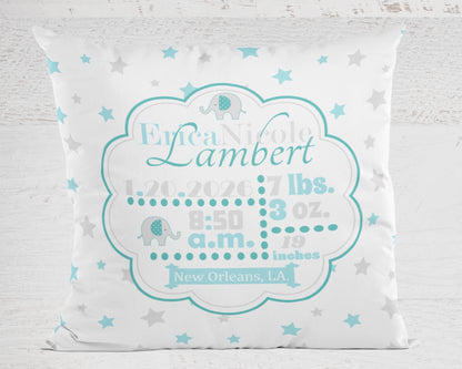 Personalized baby pillow in spearmint with name, birth details, and star pattern on a light background