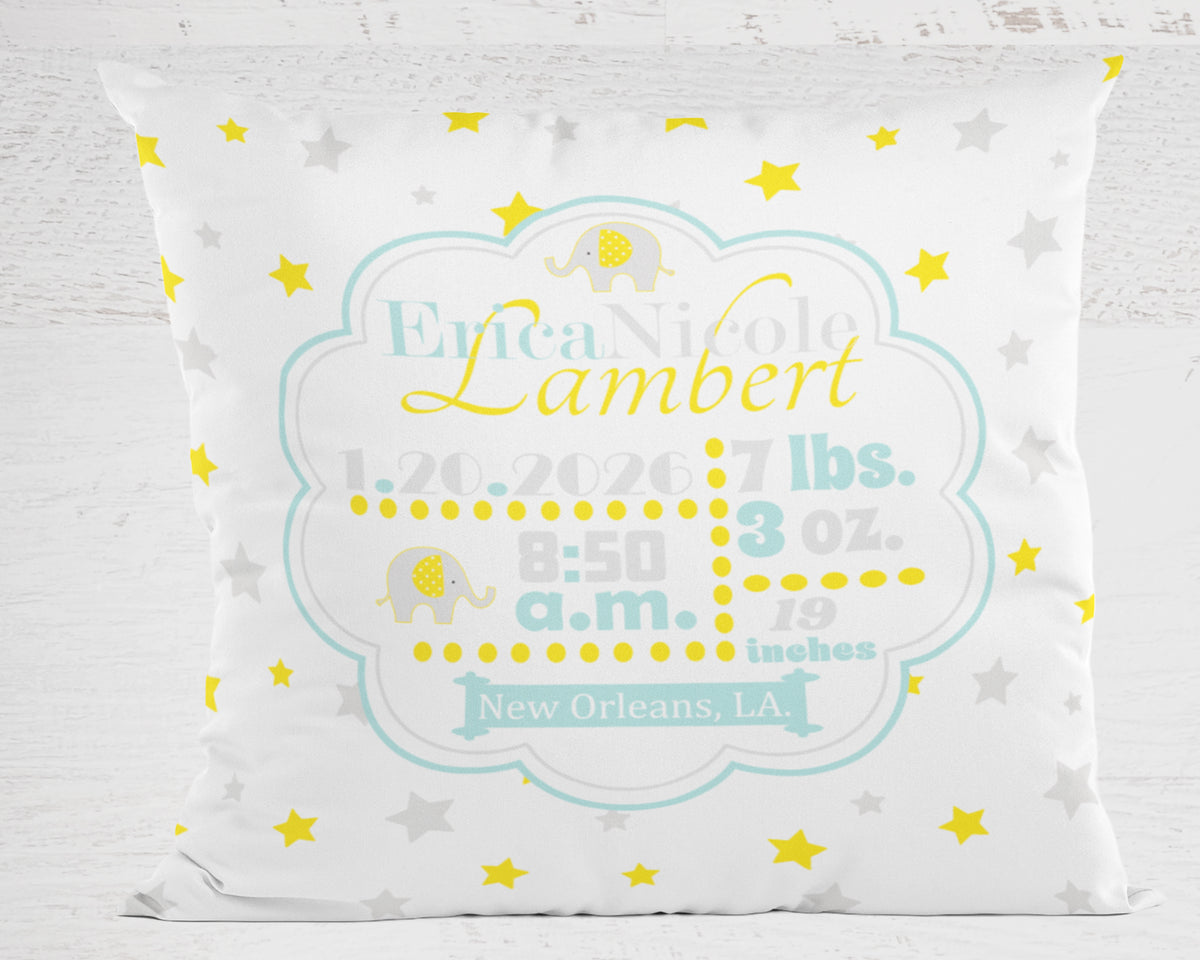 Personalized Baby Girl Birth Stats Pillow, Elephant