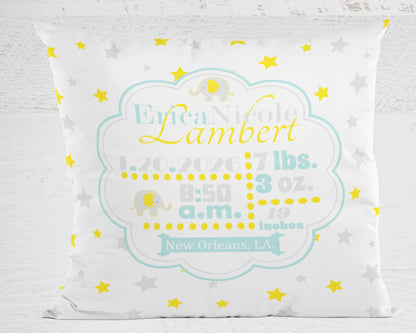 Personalized Baby Girl Birth Stats Pillow, Elephant