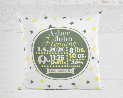 Personalized Baby Boy Birth Stats Pillow, Elephant