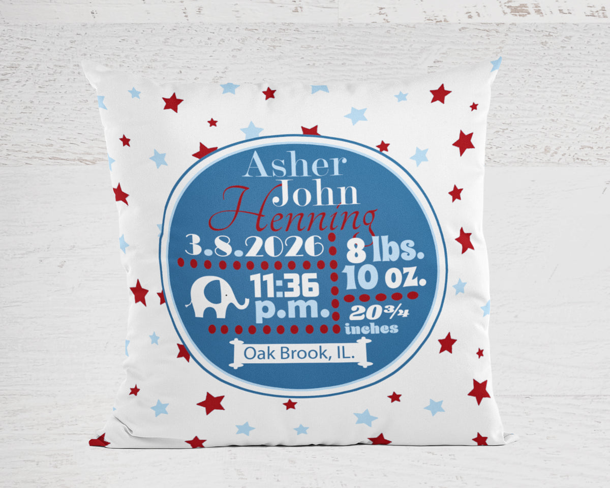 Personalized Baby Boy Birth Stats Pillow, Elephant