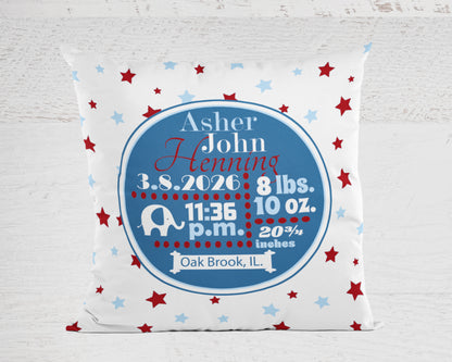 Personalized Baby Boy Birth Stats Pillow, Elephant