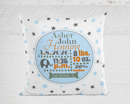 Personalized Baby Boy Birth Stats Pillow, Elephant
