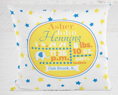 Personalized Baby Boy Birth Stats Pillow, Elephant