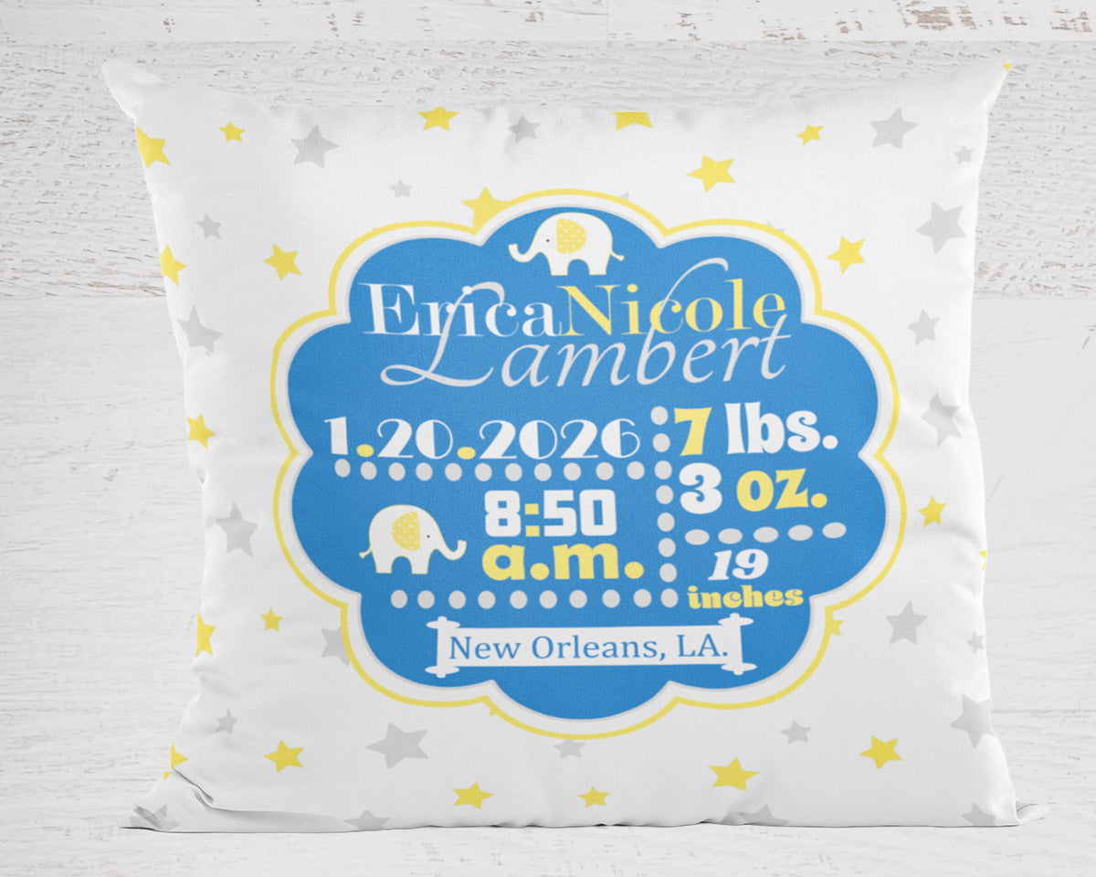 Personalized Baby Girl Birth Stats Pillow, Elephant
