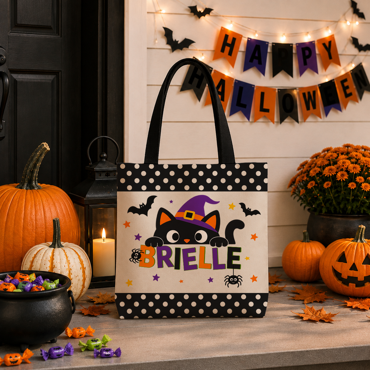 A Halloween-themed tote bag with black handles, a black-and-white polka dot border, and a central illustration of a black cat in a purple witch hat peeking over the word 'BRIELLE'. The bag is styled on a porch with pumpkins, a lantern, candy, and a 'Happy Halloween' banner in the background.
