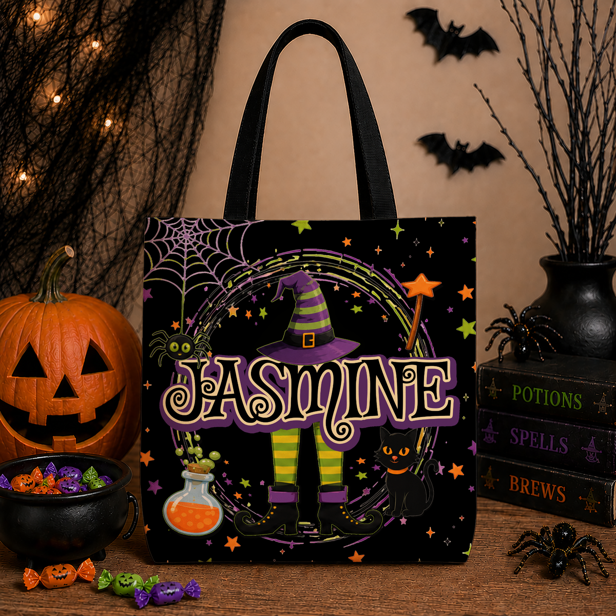 Personalized Witch Halloween Tote Bag, Spooky Magic