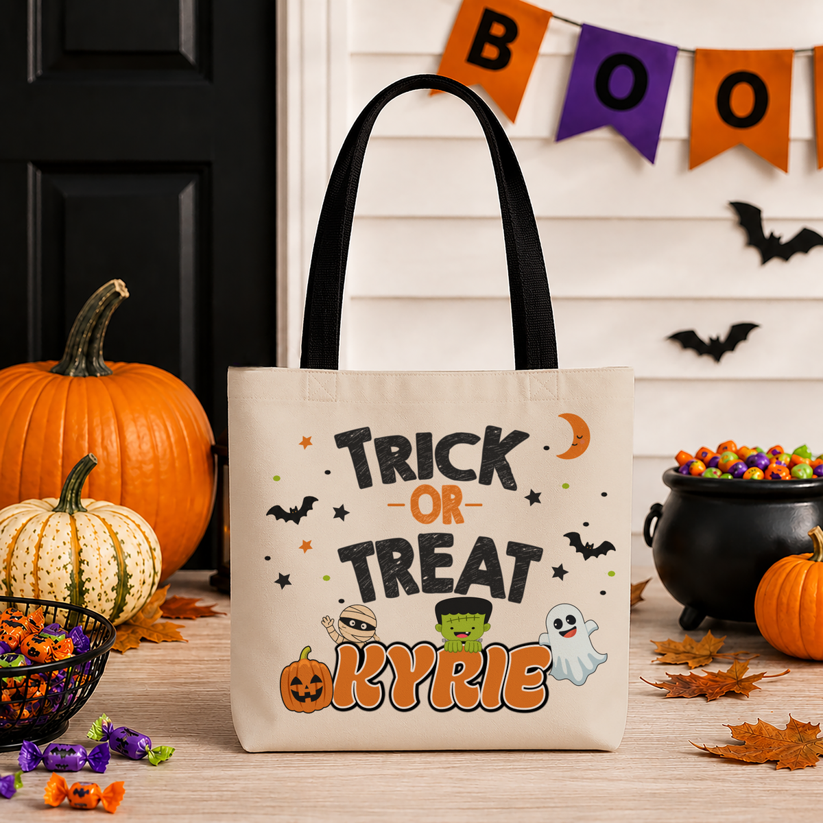 A cream canvas Halloween tote bag with black handles stands on a porch. The bag is printed with 'TRICK OR TREAT KYRIE' in black and orange lettering, decorated with cartoon ghosts, a pumpkin, a mummy, and bats.
