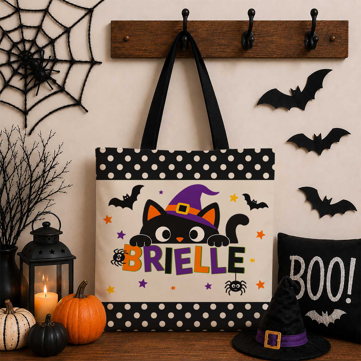 Personalized Halloween Cat Tote Bag — Custom Name Trick-or-Treat Bag