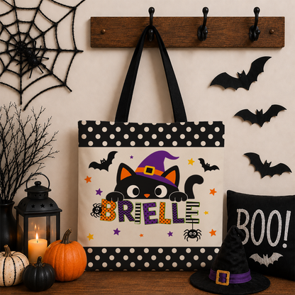 Trick-or-Treat Bag, Decorative Name — Personalized Halloween Cat Tote Bag