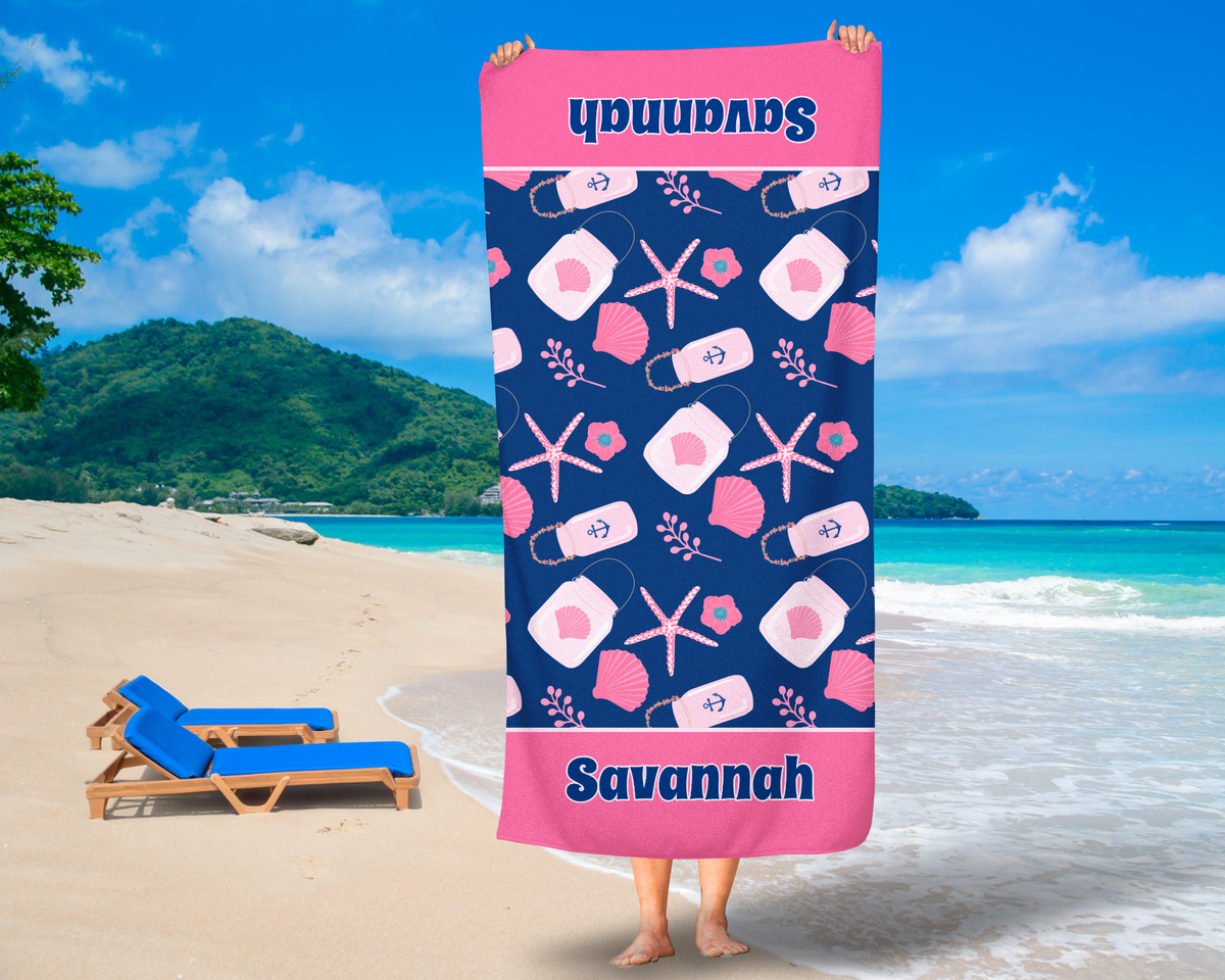 Nautical Beach Towel, Pink & Navy Seashells