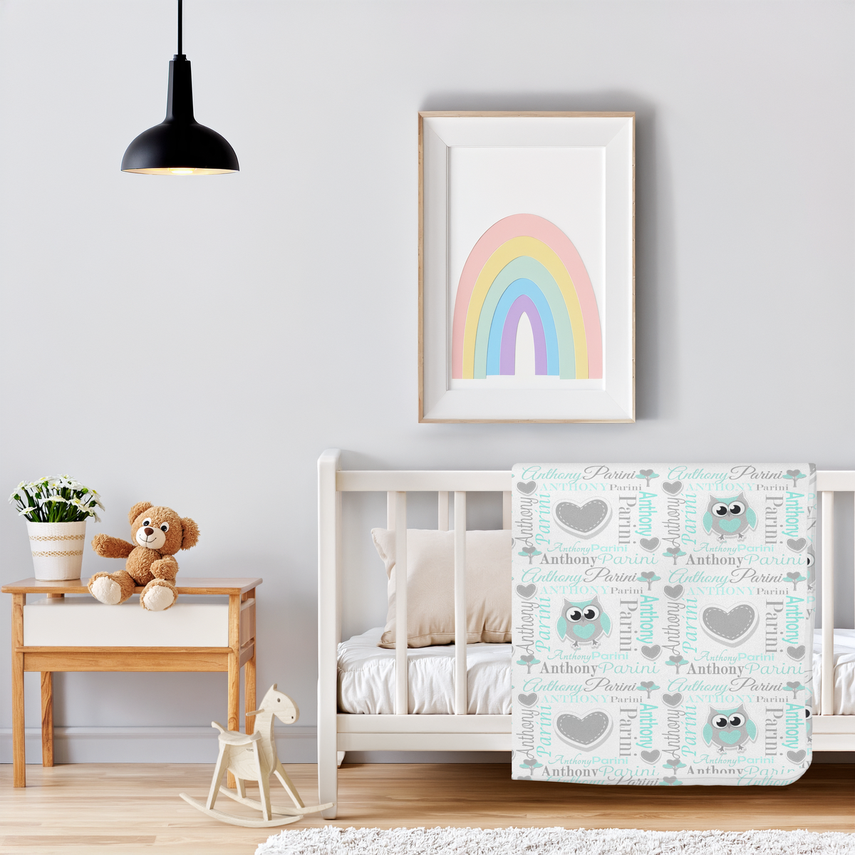 Personalized Baby Boy Blanket – Sweet Owl & Heart Name Design, Aqua/Gray