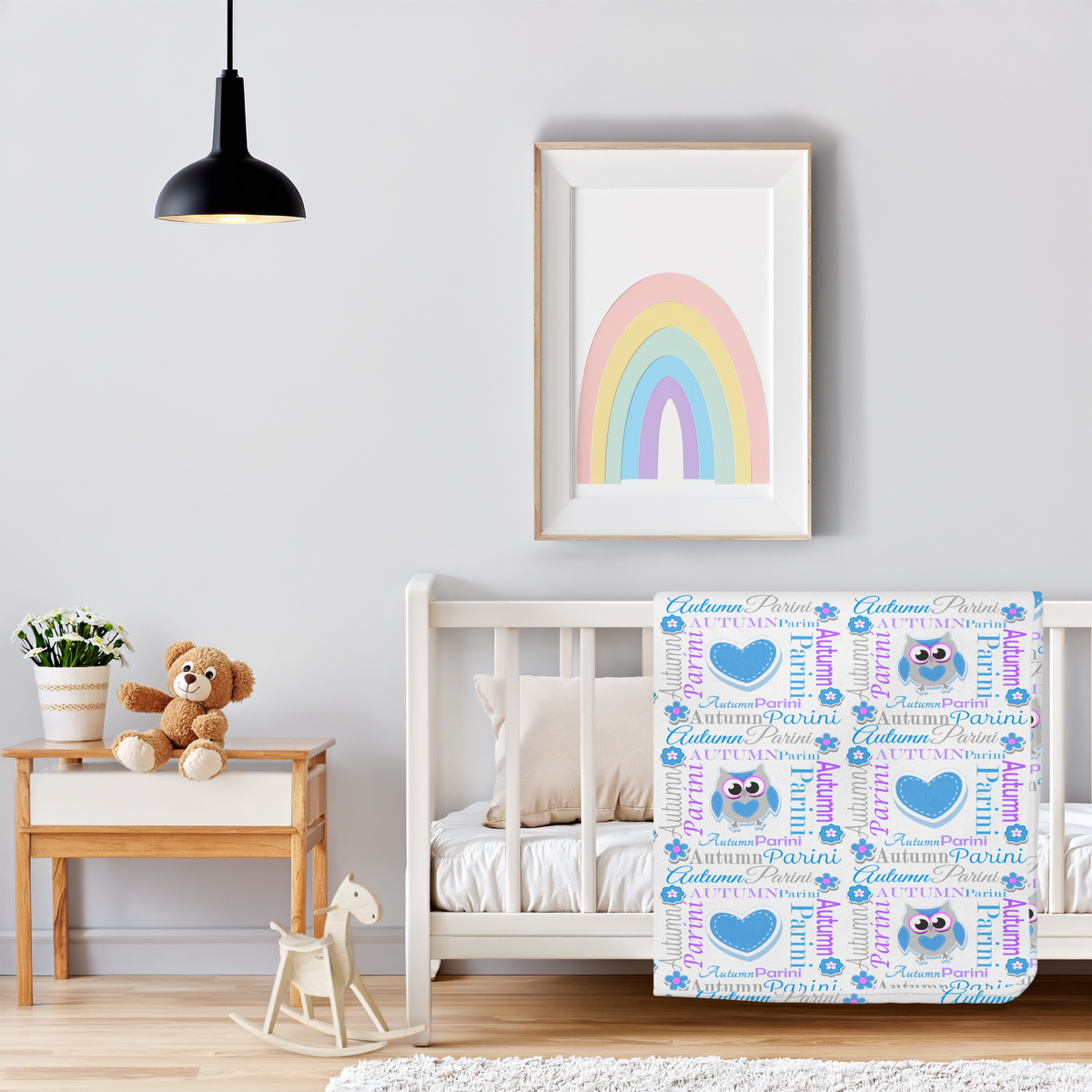 Personalized Baby Girl Blanket – Sweet Owl & Heart Name Design, Azure Blue/Bright Purple
