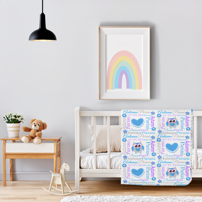 Personalized Baby Girl Blanket – Sweet Owl & Heart Name Design, Azure Blue/Bright Purple