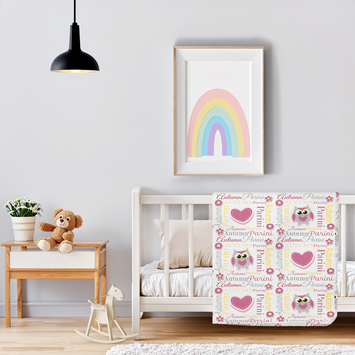Personalized Baby Girl Blanket – Sweet Owl & Heart Name Design, Rosy Pink/Yellow