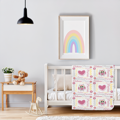 Personalized Baby Girl Blanket – Sweet Owl & Heart Name Design, Rosy Pink/Yellow