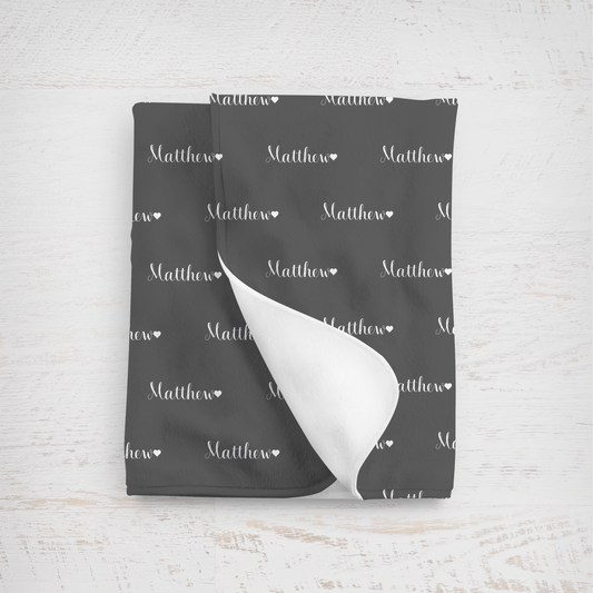 Newborn Name Blanket, Sweet Heart Baby Boy, Charcoal Gray/White