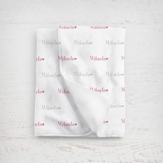 Newborn Name Blanket, Sweet Heart Baby Girl, White/Berry/Soft Gray